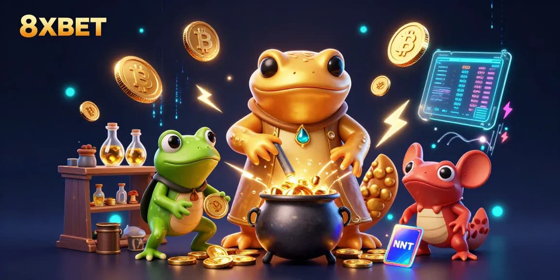Experience thrilling moments with 8XBET as alchemist characters create gold coins in a dynamic casino scene.