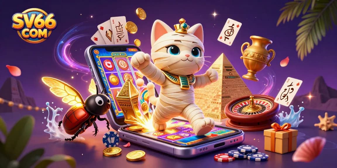 Players enjoy thrilling games at SV66 COM, featuring a lively pyramid casino scene with Egyptian characters.
