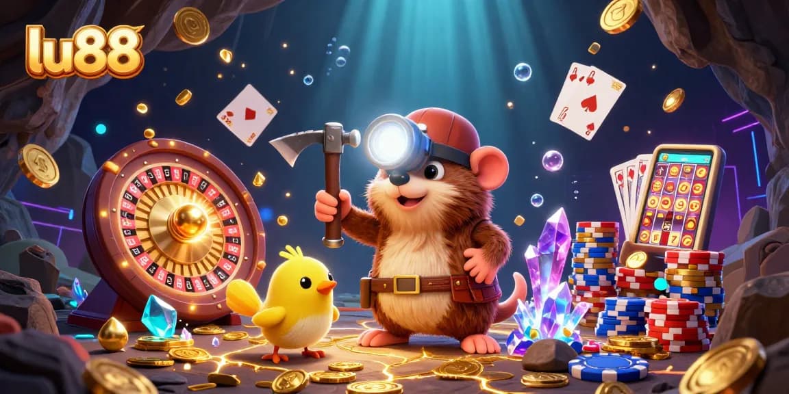 Experience the excitement of lu88's dynamic casino scene with treasure-hunting mole and glowing gems.