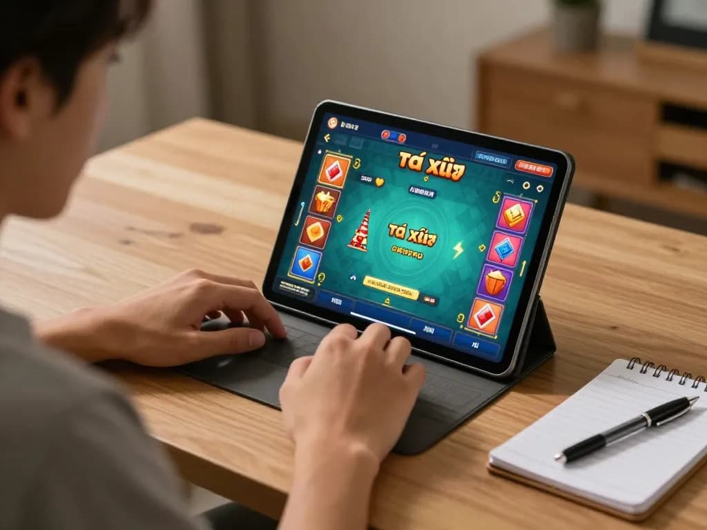 Engaged player enjoying game tài xỉu on tablet in a cozy home environment.