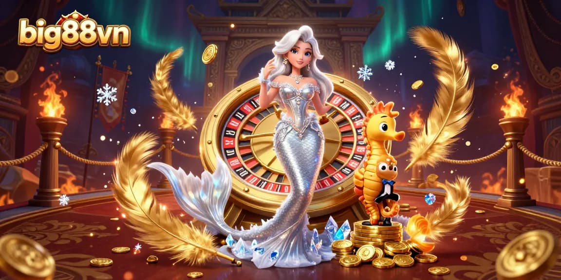Bet on big88vn with a stunning mermaid at a roulette wheel, surrounded by golden casino elements.