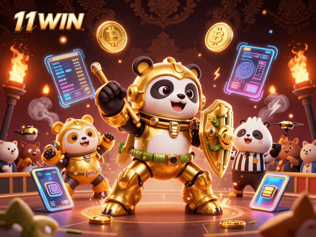 Experience 11WIN's vibrant online casino action with a dynamic 3D illustration showcasing the excitement of gaming.