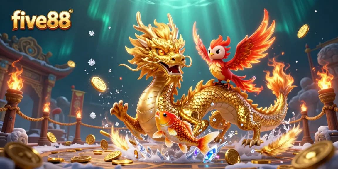 Win big with five88 in a vibrant casino scene featuring a dragon, phoenix, and koi fish.