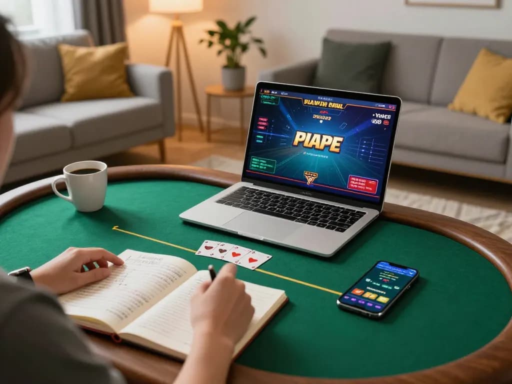Engaging online poker session with 789betpa showing strategic notes and cozy atmosphere