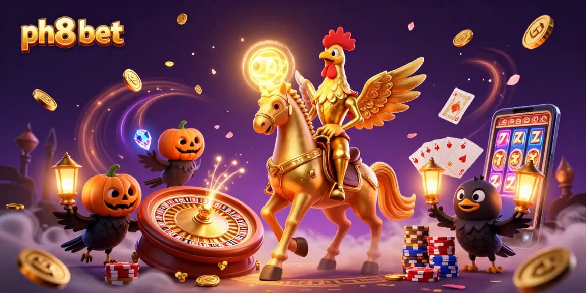Spin lucky reels at ph8 bet with a golden rooster in a vibrant casino scene.