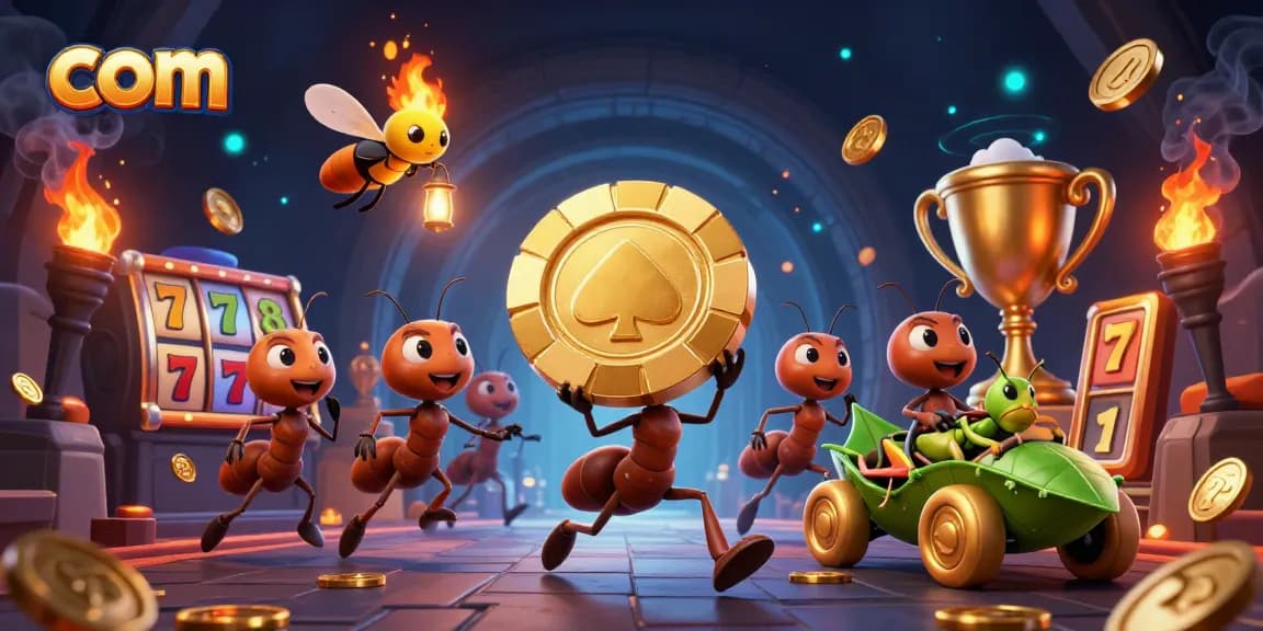 Experience thrilling slot action with com and a heist led by adventurous ants in a vibrant casino scene.