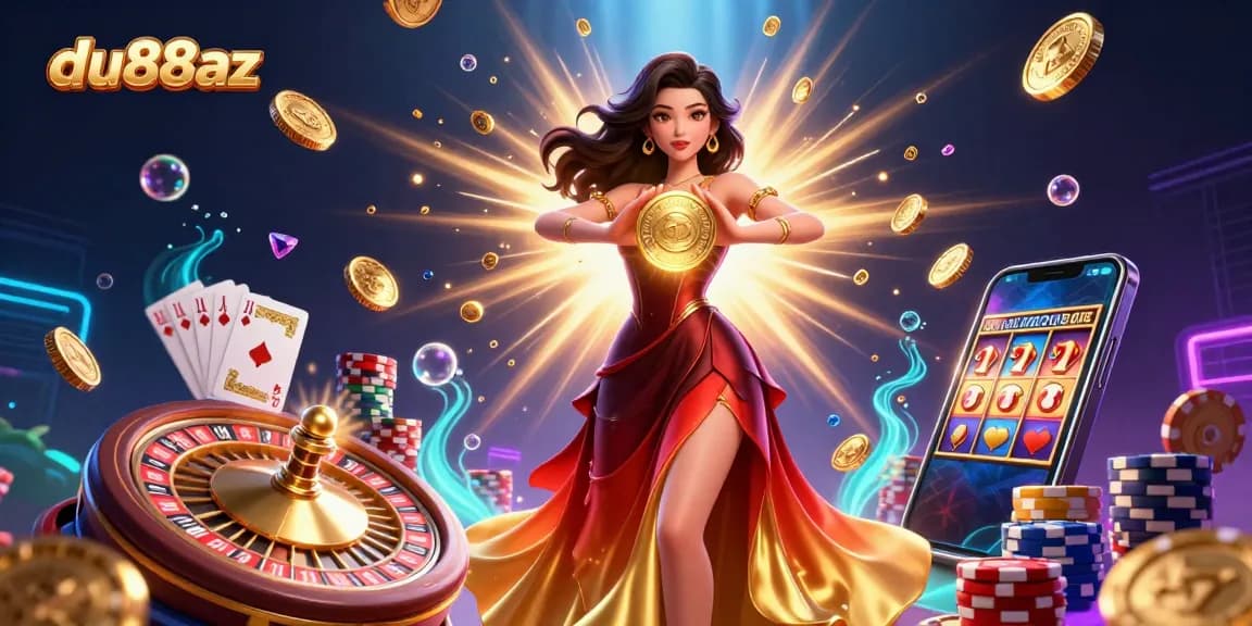 Experience thrilling gaming at du88az with a stunning illustration of a casino scene featuring colorful slots, roulette, and poker elements.