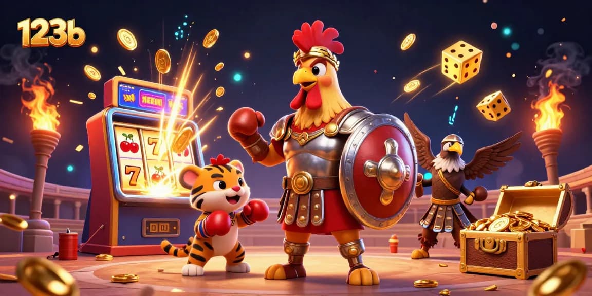 Engage with 123b's exciting jackpot action featuring a cartoon gladiator rooster and a vibrant casino scene.