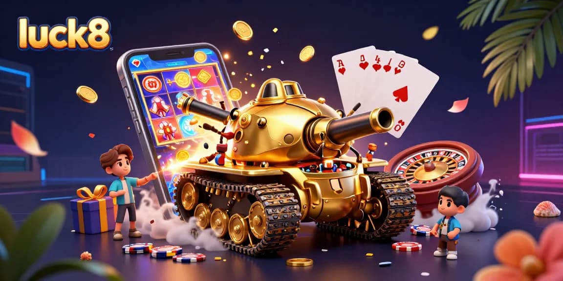 Luck8 presents an energetic casino scene featuring a golden beetle tank and animated game elements.