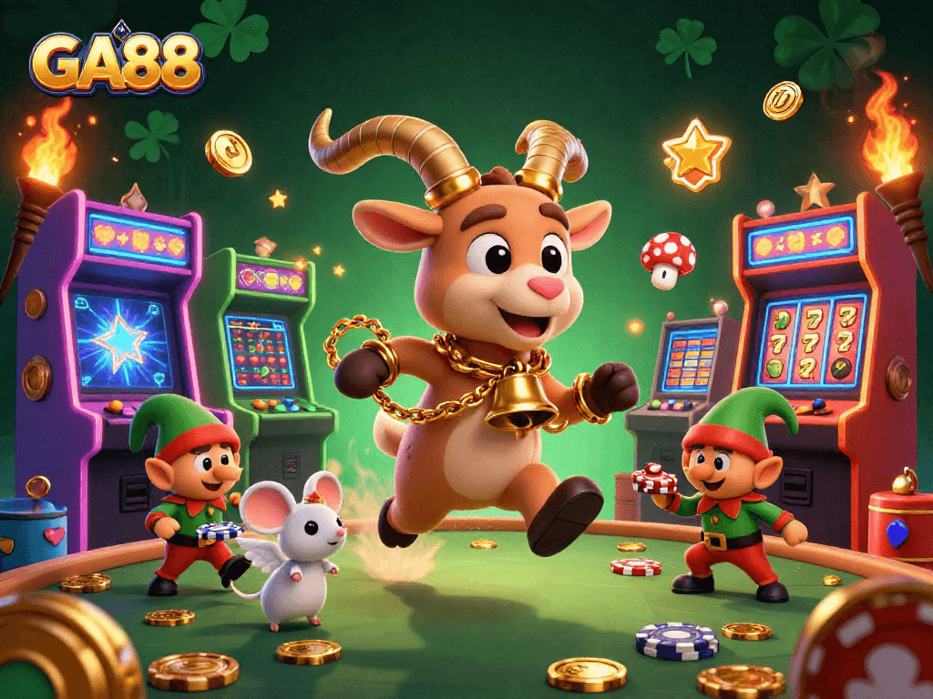 GA88's festive Krampus goat oversees a lively casino scene with dynamic gaming excitement.