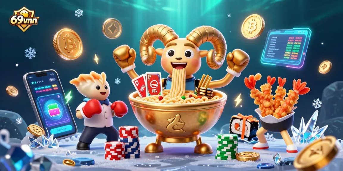 Engage with 69vnn's exciting casino experience featuring colorful characters and cryptocurrency elements.