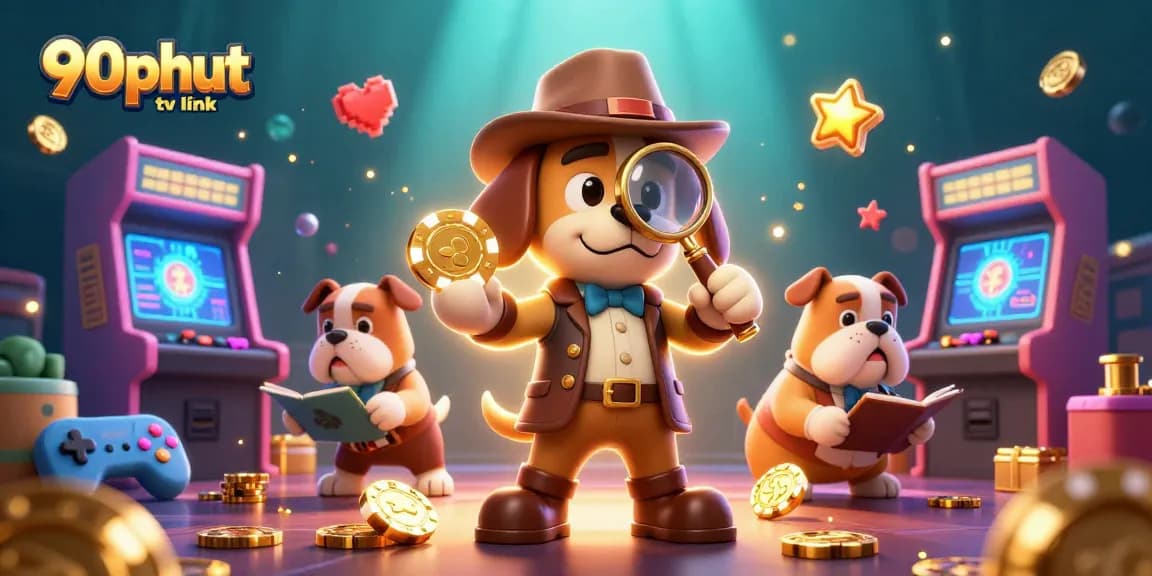 View the dynamic scene with 90phut tv link featuring charming characters engaging with colorful gaming elements in a casino landscape.