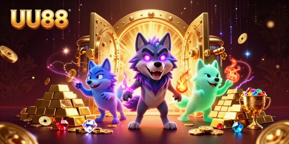 UU88 offers engaging gambling experiences, featuring wolves and treasure in a vibrant casino setting.