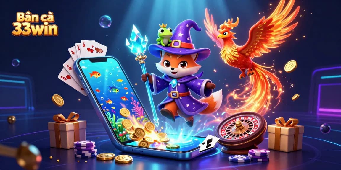 Bắn cá 33win captivating scene with a mystical wizard fox, phoenix, and 3D fish shooting elements.
