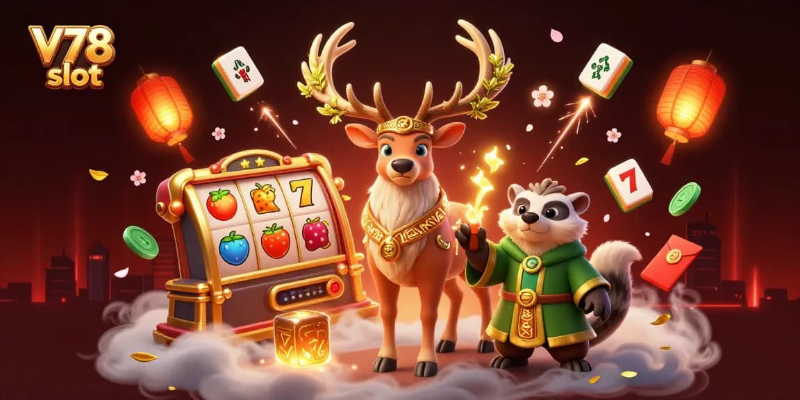 Nikmati pengalaman slot V78 yang hidup dengan karakter kartun di scene kasino yang meriah.
