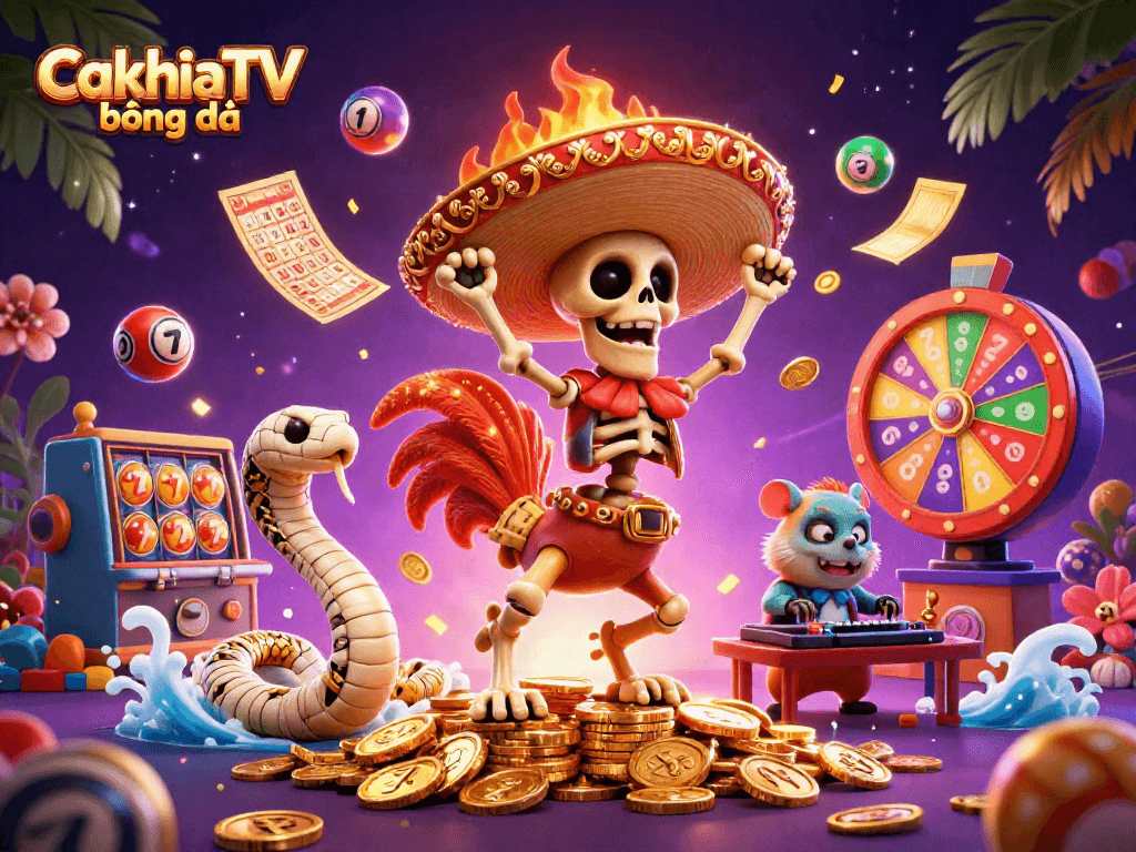 Experience thrilling CakhiaTV bóng đá action with a vibrant 3D illustration of a skeleton mariachi and golden elements.