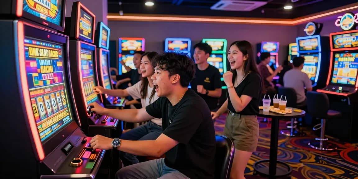 Exciting gaming scene with friends celebrating a win at link slot gacor machine