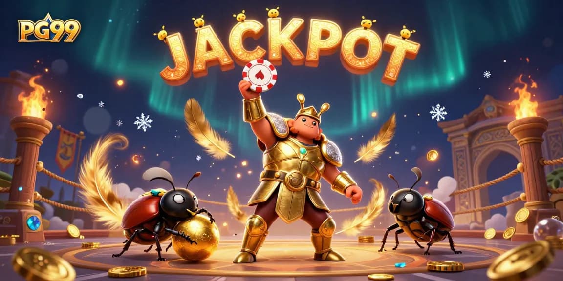 Experience PG99's excitement with a hercules beetle in gladiator armor lifting a poker chip in victory.