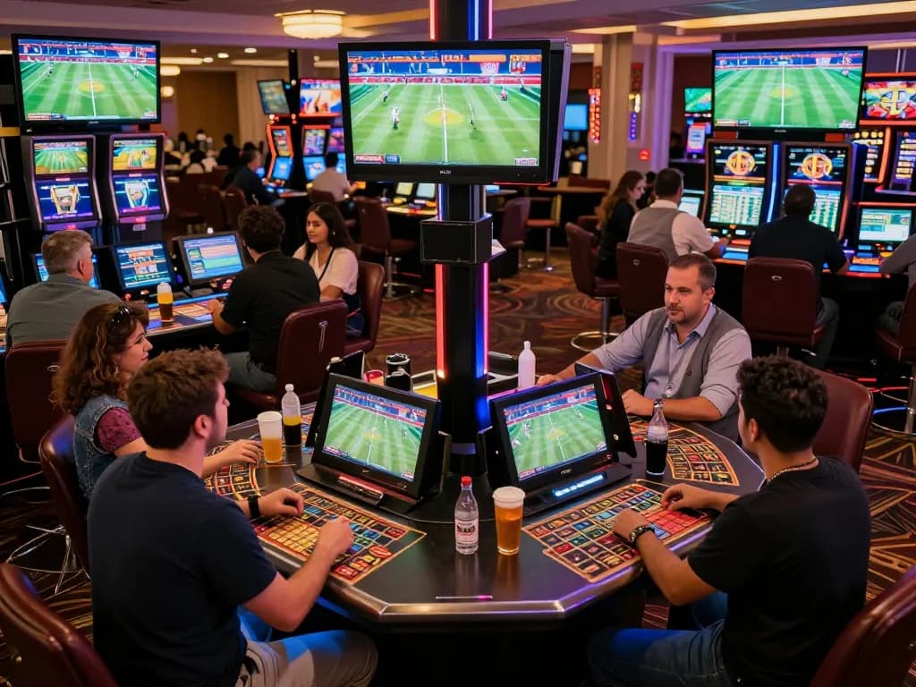 Betting on sports at shbet with friends in a lively casino environment, ambiance full of excitement.