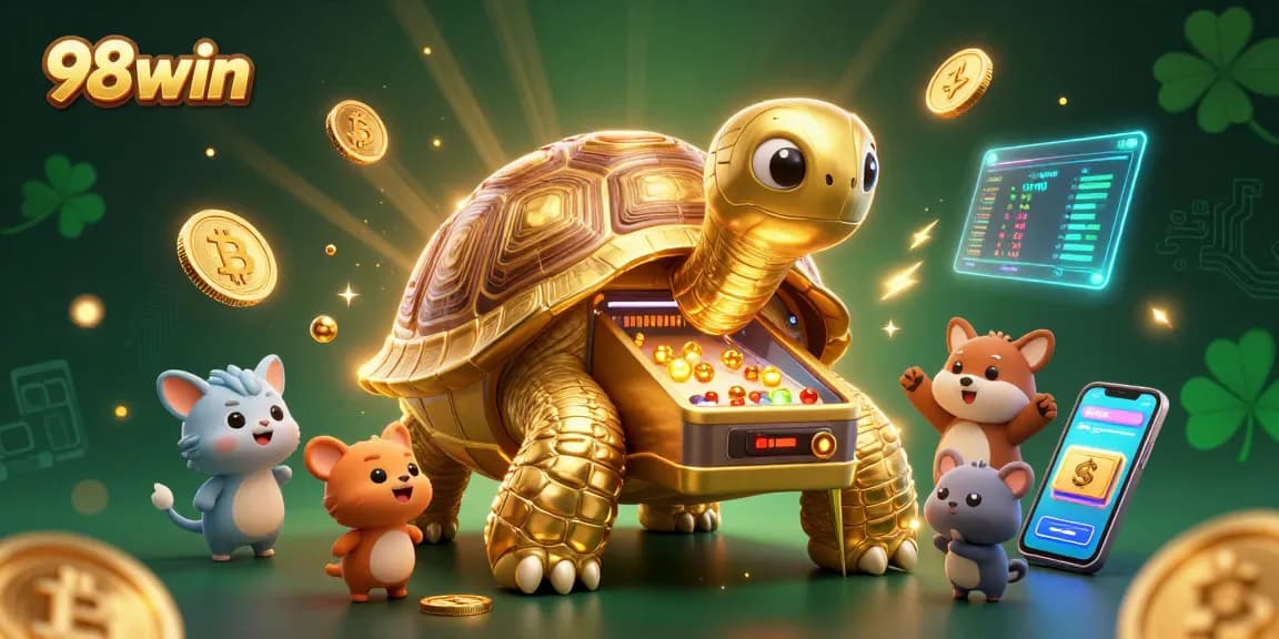 Engage with 98win through a vibrant 3D casino scene featuring a colossal tortoise pinball machine, surrounded by energetic animals.