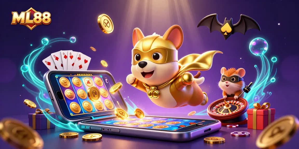 ML88 superhero dog flies with gold coins amid colorful slot game action in a vibrant casino scene.