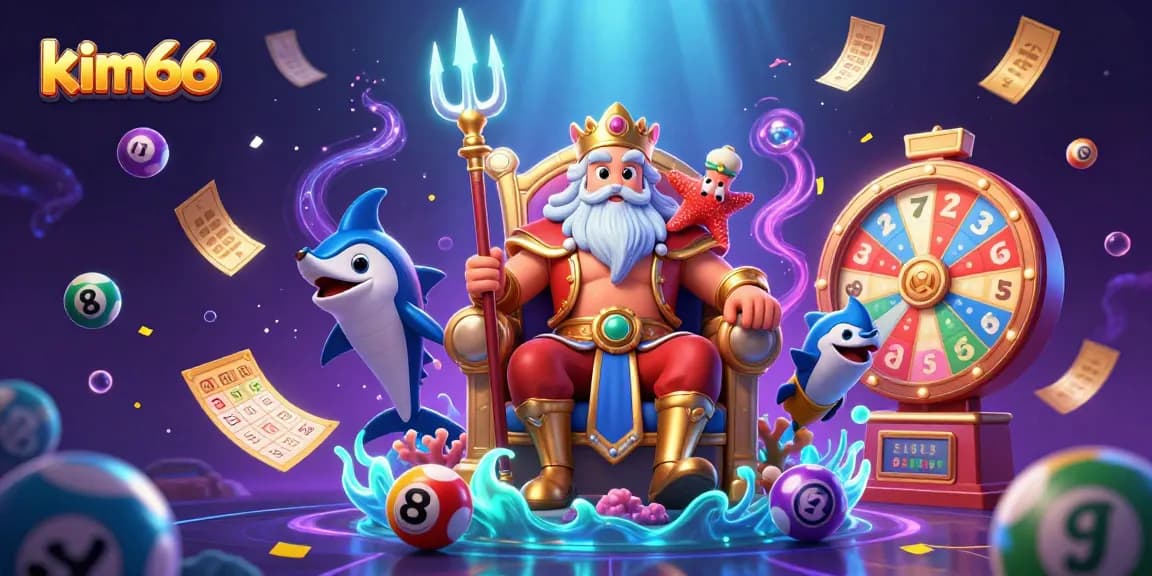 Win exciting rewards at kim66 with vibrant lottery balls and casino elements in a colorful underwater scene.