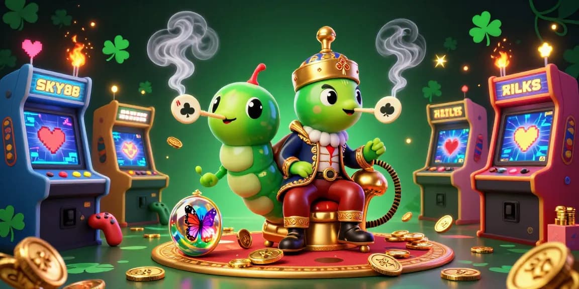 Engage with SKY88 in this vibrant 3D illustration of a fun casino arcade, featuring colorful game machines and enchanting elements.
