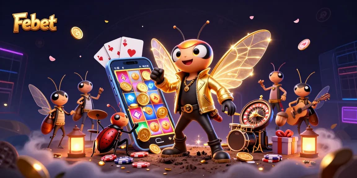 Experience the thrill of Febet with a vibrant 3D illustration featuring dynamic casino elements like slots and playing cards.