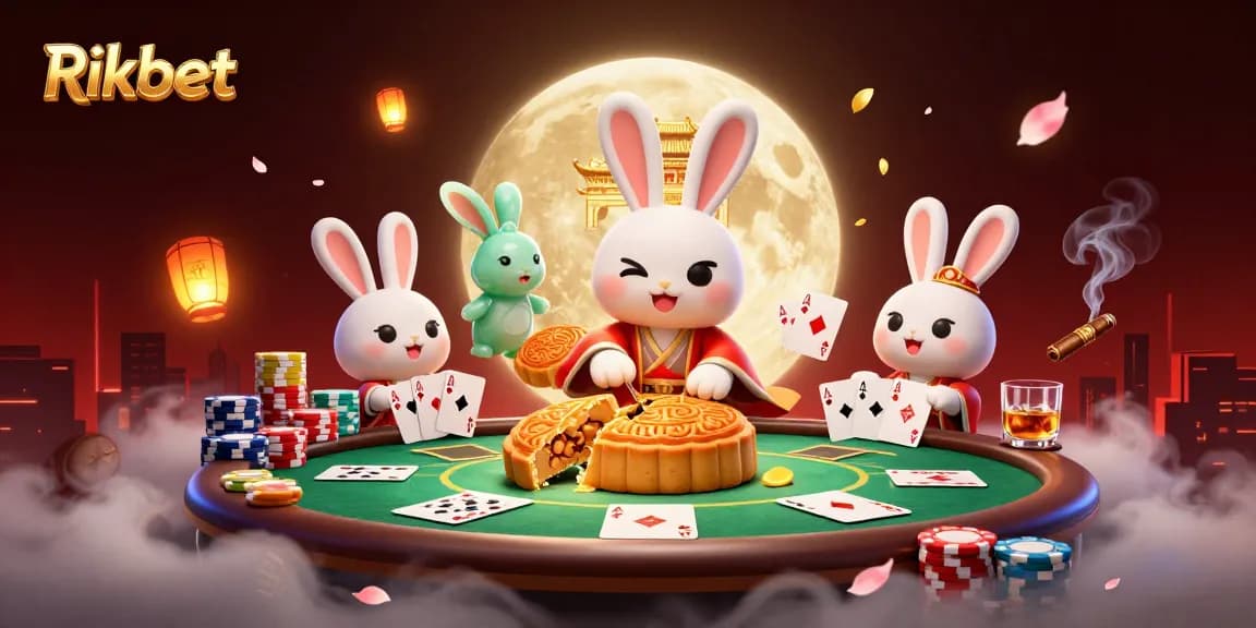 Rikbet highlights a 3D moon rabbit driving excitement at an online casino adventure with poker chips.