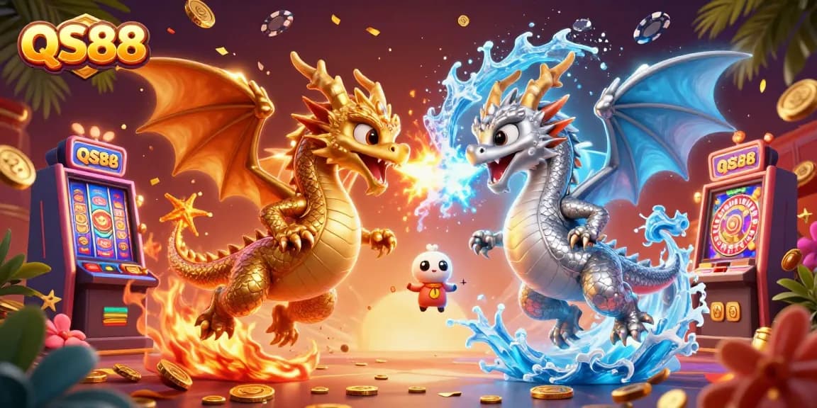 Engage with QS88's thrilling casino experience featuring vibrant slot machines and dynamic dragons.