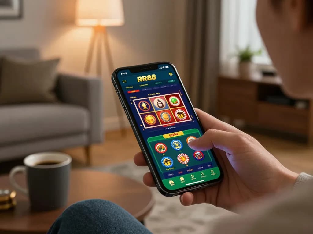 Player engaging with RR88 casino app on a smartphone, showcasing dynamic gaming interface.