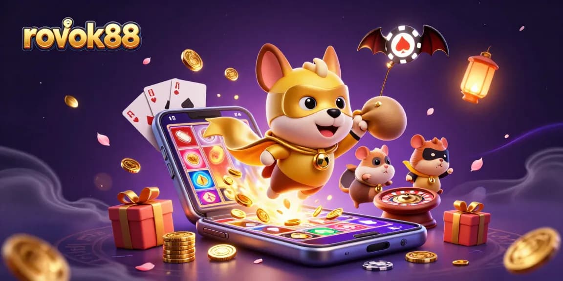 Play exciting games with rokok88, featuring a superhero dog and slot machines in a vibrant 3D casino scene.