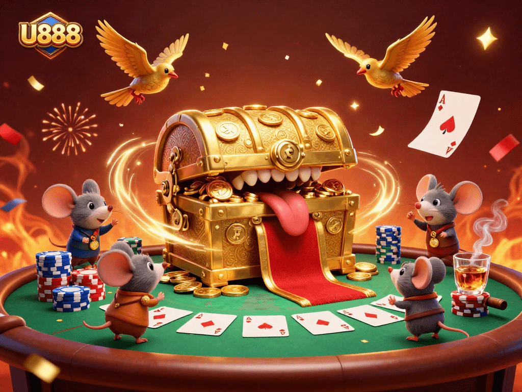 Experience the thrilling world of U888 casino gaming with golden treasures and dynamic poker elements.