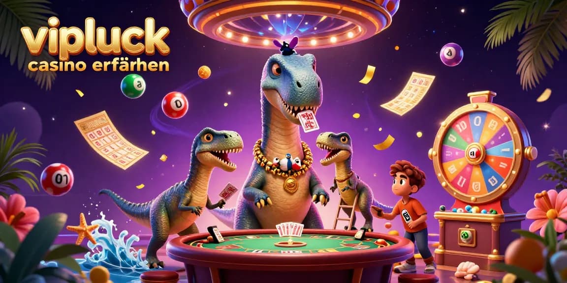 VIPLuck Casino Erfahrungen: Überwältigende 3D-Illustration eines Brontosaurus und Raptor an einem Pokertisch.