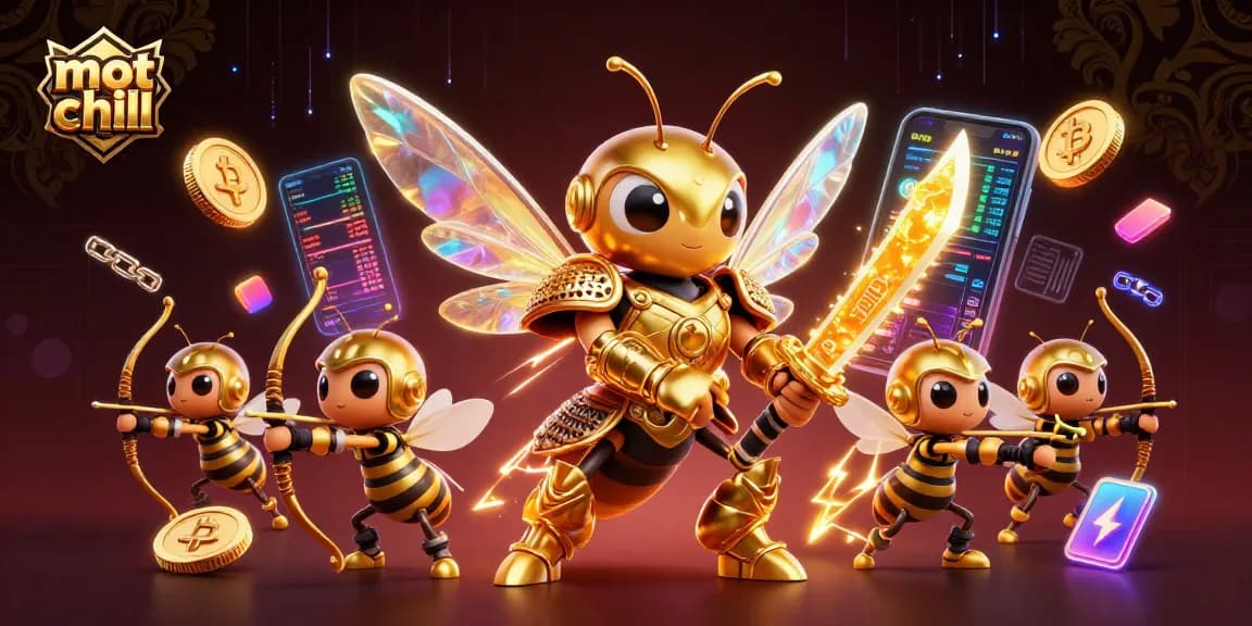 Play exciting games with mot chill in a vibrant 3D casino scene featuring golden characters and crypto elements.