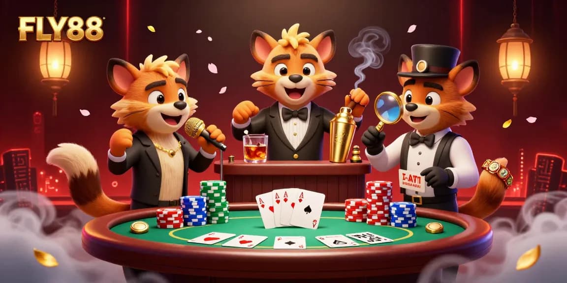 Engage with FLY88 in a humorous casino scene featuring animated characters in a lively comedy club.
