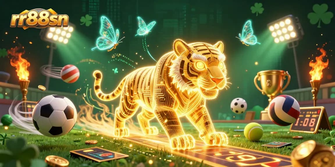 Experience thrilling sports betting at rr88sn with a vibrant 3D digital casino illustration showcasing a golden tiger and sports elements.