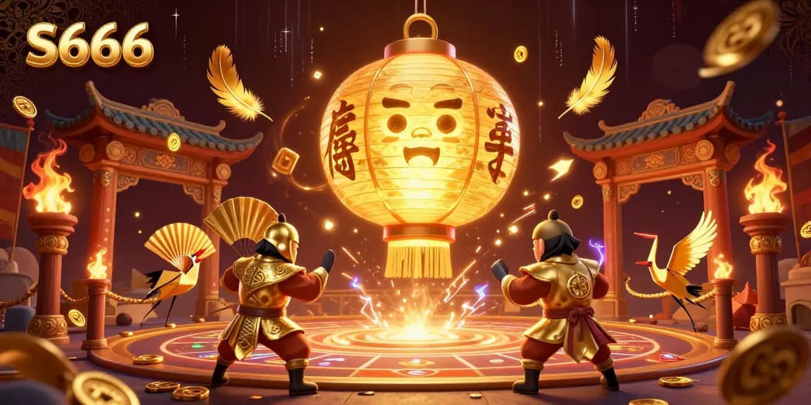 S666 showcases an enchanting casino scene with golden lantern spirits, warriors, and swirling tokens in a vibrant carnival setting.