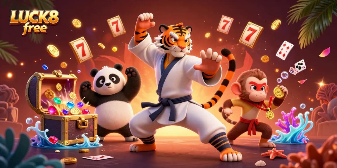 Experience the excitement of LUCK8 free with epic gambling elements and fun characters in this lively illustration.