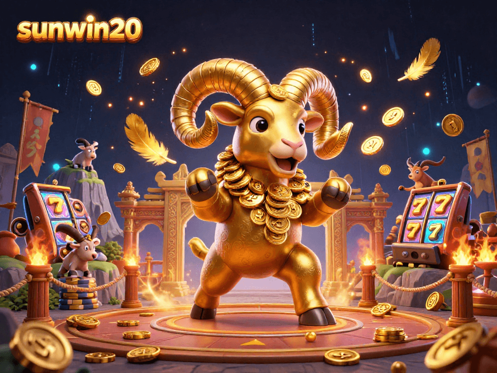 Experience sunwin20's thrilling jackpot action with a dynamic 3D casino scene featuring golden ram and vibrant elements.