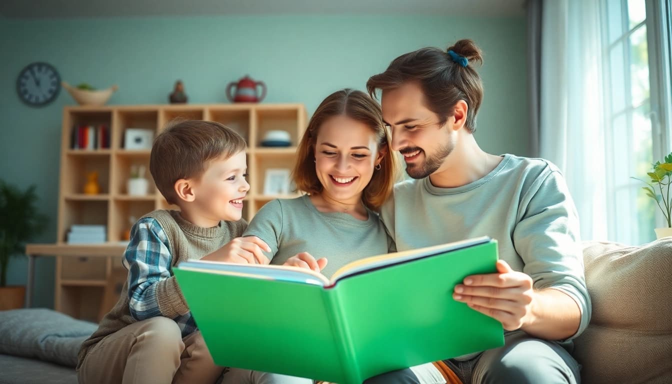 Kindererziehung in einem familiären Raum, wo Eltern glücklich mit ihren Kinder interagieren.