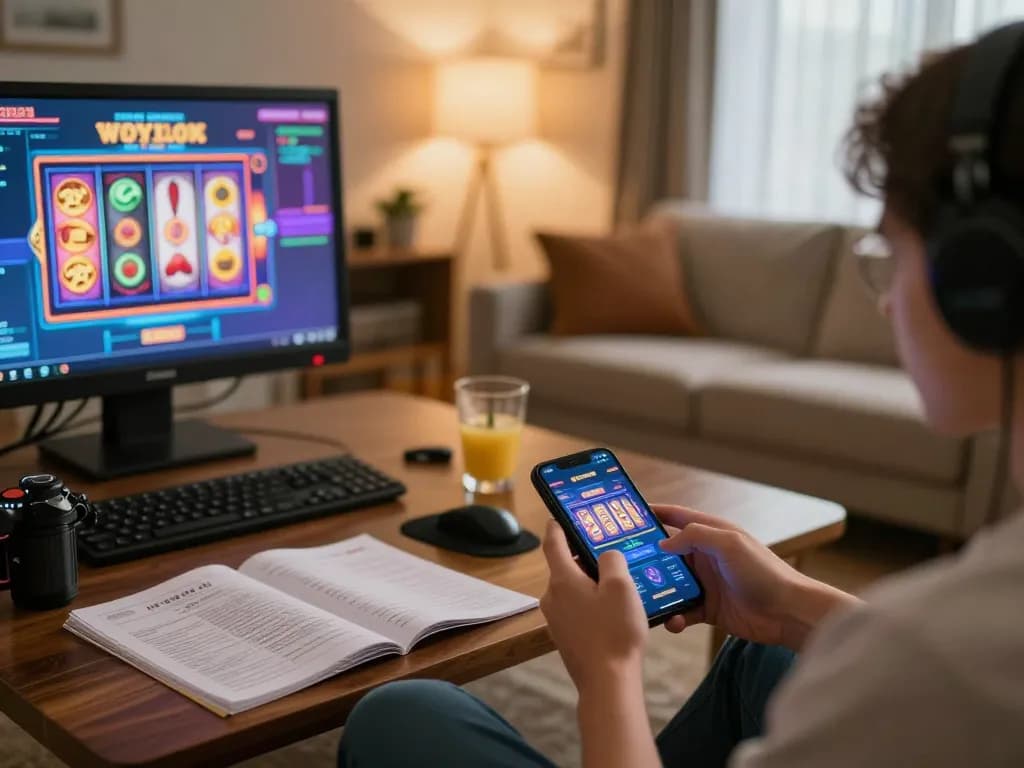 Engaging with O8 mobile gaming app on smartphone in cozy living room setting, vibrant slot machine interface.