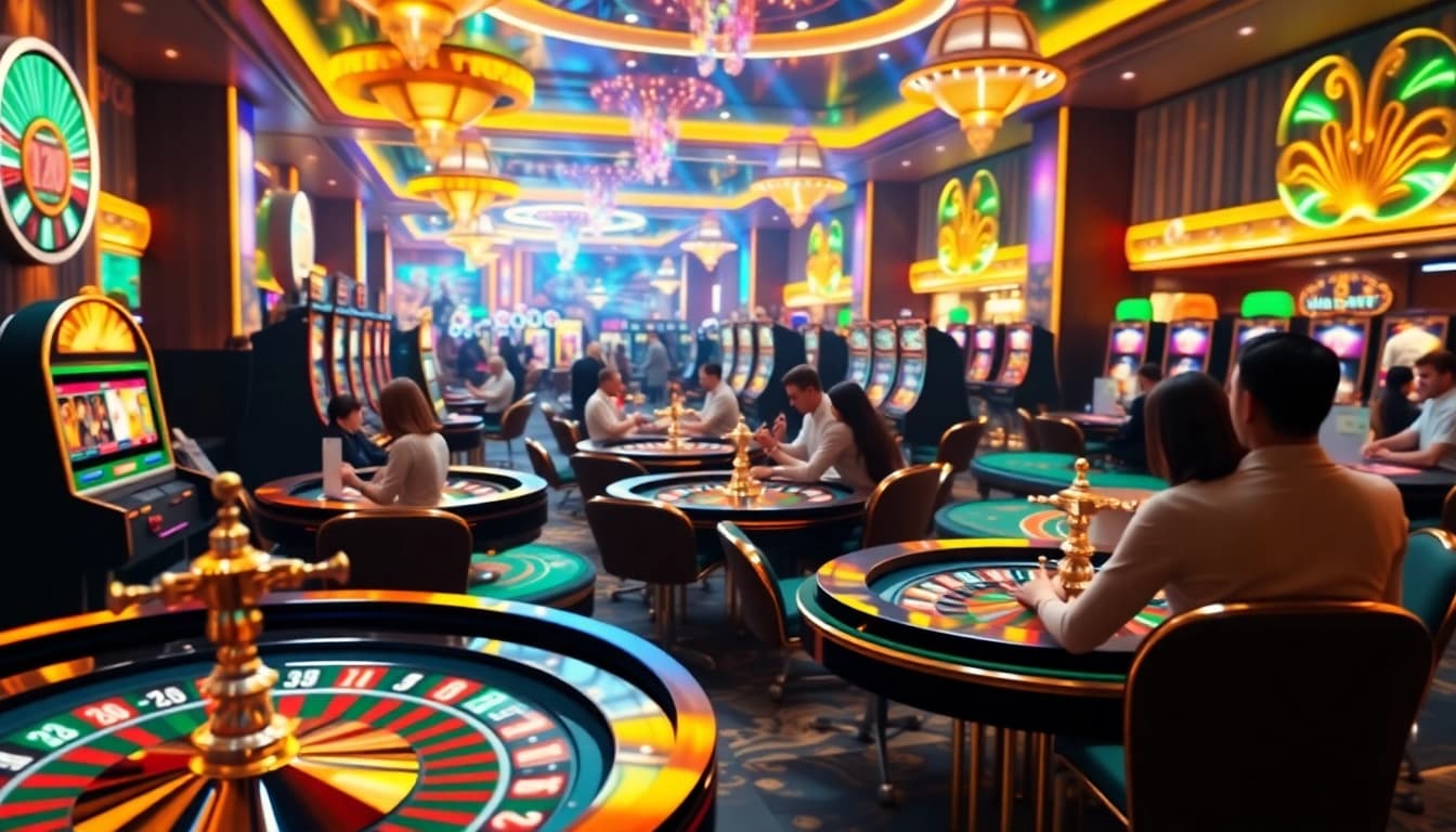 Exciting virtual gaming experience at https://s8onl.com/ with colorful tables, slot machines, and active players.