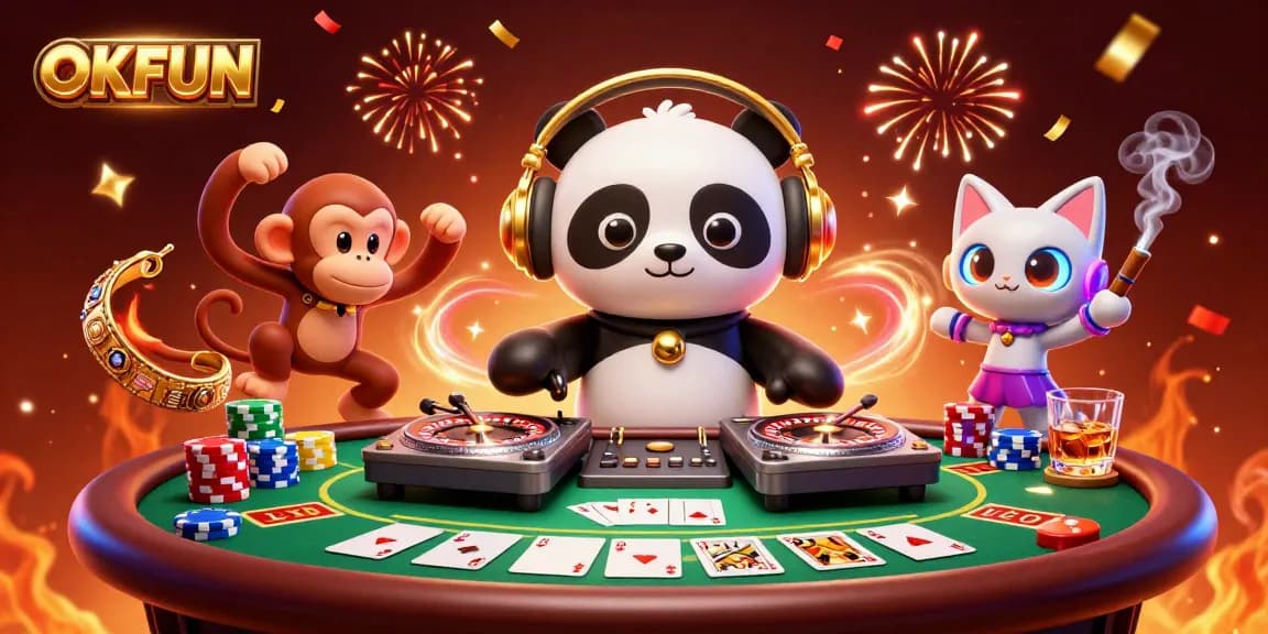 Spinning with excitement at OKFUN, a DJ panda and monkey celebrate casino vibes with poker elements.