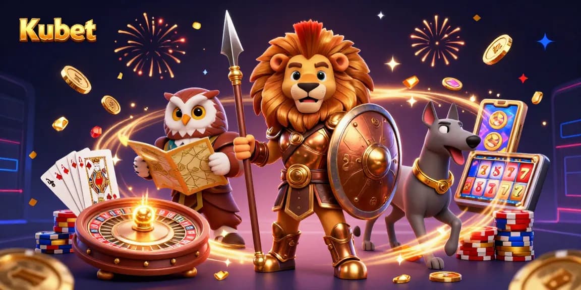 Kubet's vibrant casino scene features a valiant lion, wise owl, and quick greyhound amidst golden coins and roulette.