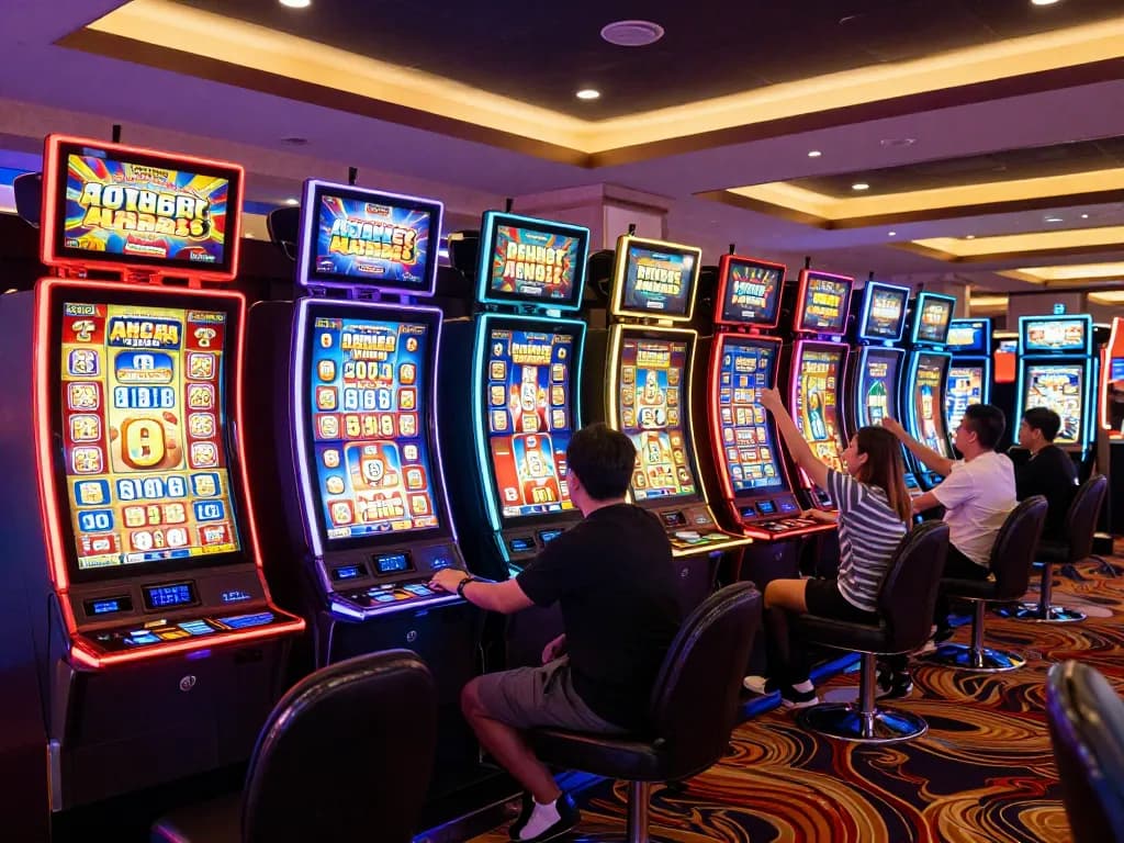 Engaged players celebrating slot bonus wins in a colorful casino slot area.