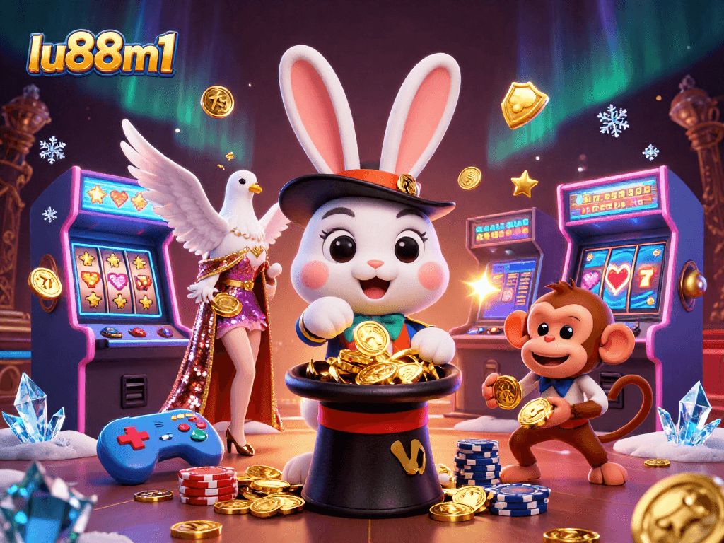 Sparkling casino scene with lu88m1 magician pulling coins, doves, and playful monkey amidst slot machines.