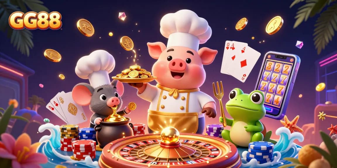 Experience the thrill of GG88 with a vibrant 3D casino scene featuring chefs, coins, and games.