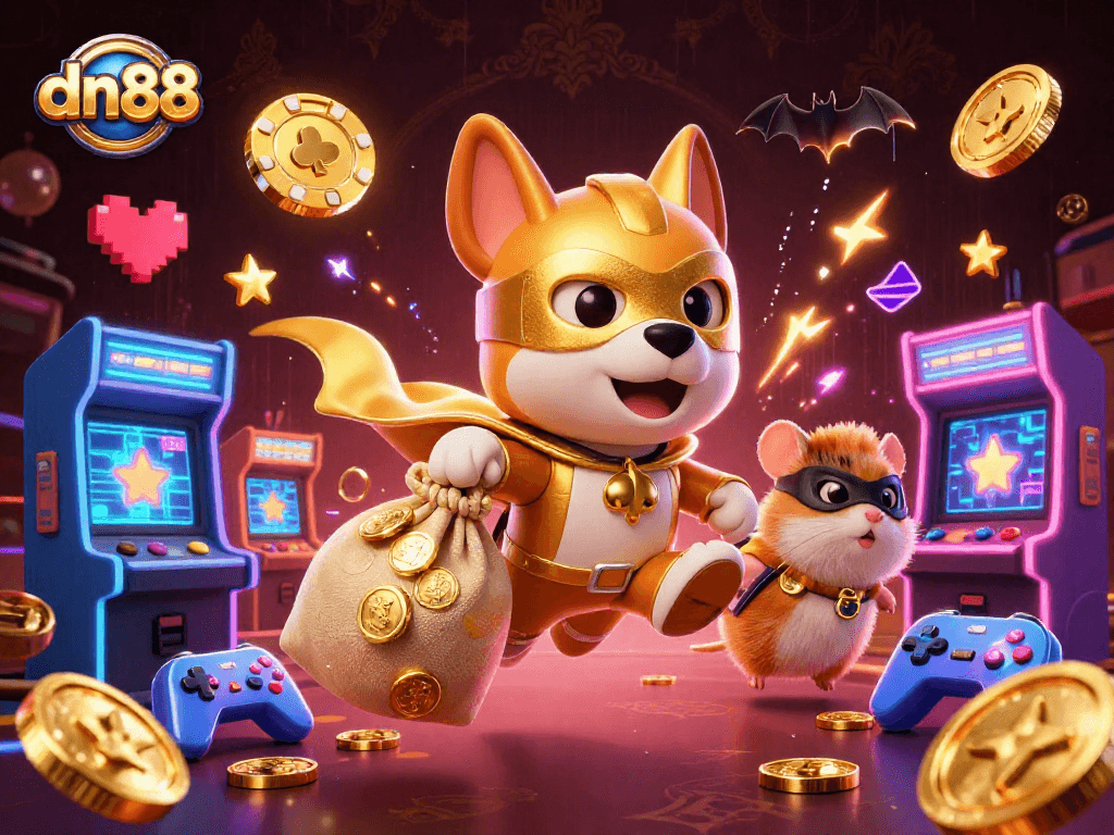 Experience thrilling gaming action with dn88's vibrant dynamic casino scene featuring a superhero dog.