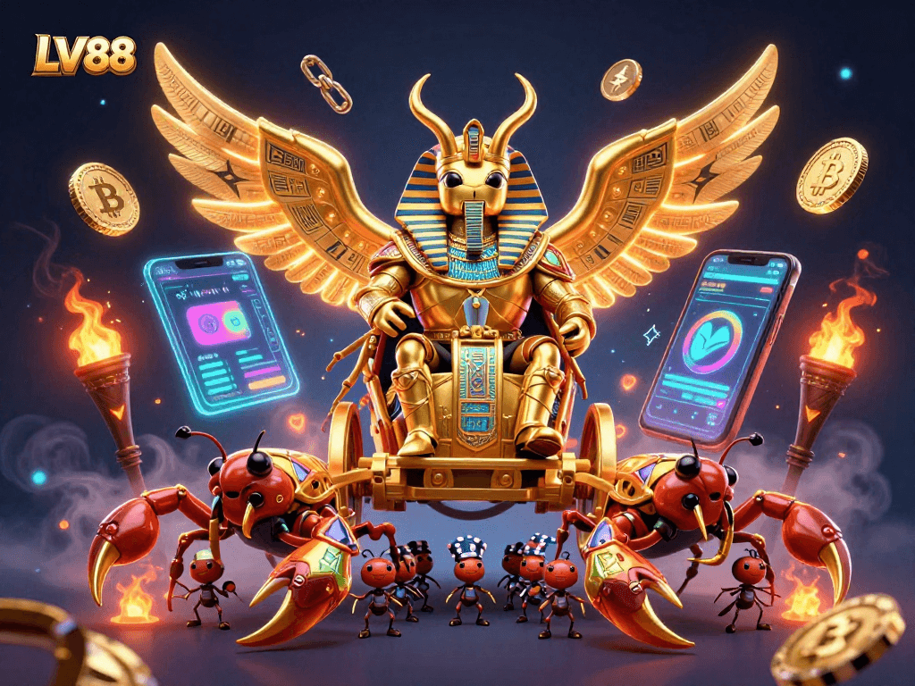 Experience the excitement of LV88 casino with a vibrant scene featuring a golden scarab and dynamic game elements.